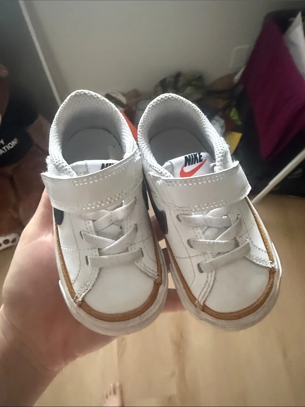 Nike Kids White Sneakers with Black Swoosh and Brown Trim